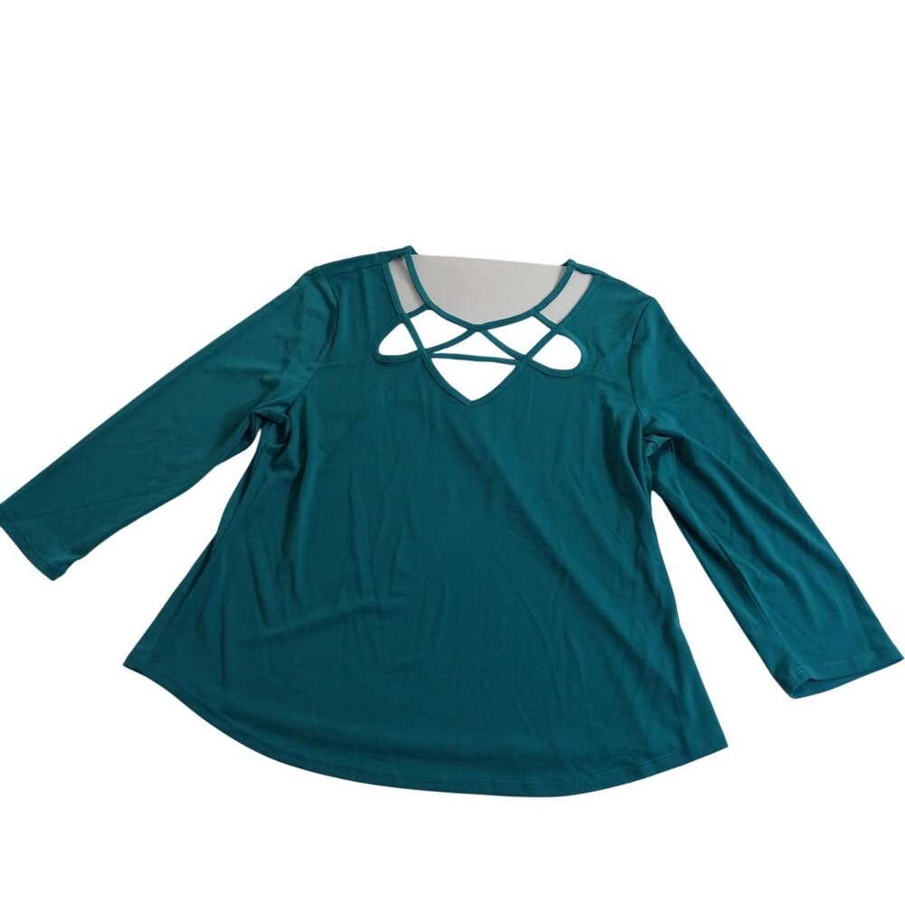 Cato Green 3/4 Sleeve Blouse Strappy Cutout Neck Top Women Size L Casual Work